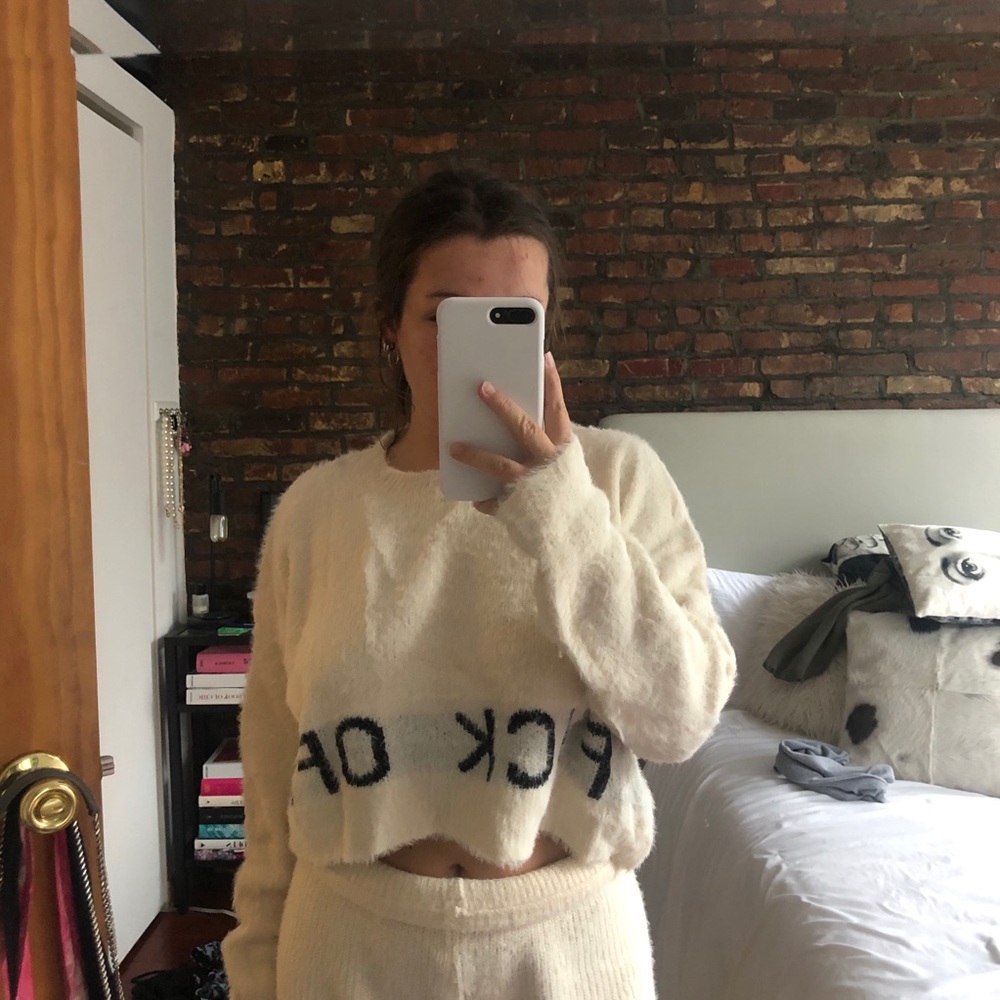 Nasty Gal Cream Fuzzy Cropped Pajama Set with Black Lettering